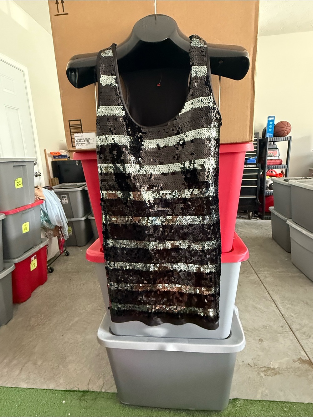 Sequin Striped Tank Dress - Black and Silver mp47